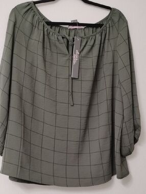 Olive Grid Peasant Tunic with Tie Neck